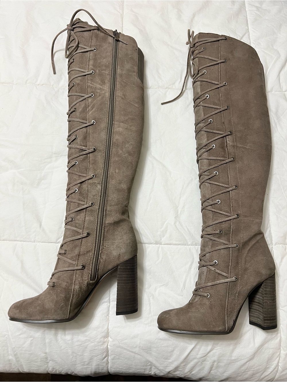 Knee-High Lace-Up Block Heel Boots in Taupe